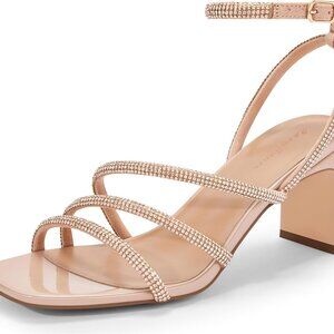 Womens Rhinestone Sandals Ankle Strap Square Toe Dressy Heels for Party Wedding
